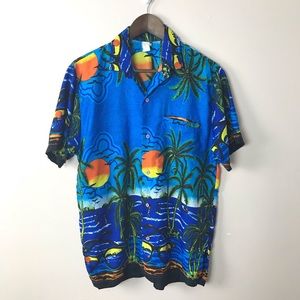 Vibrant Blue Tropical Button Down Shirt
